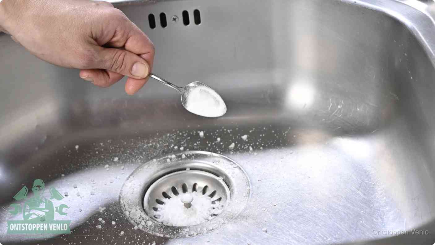 Een hand strooit met een lepel soda in de afvoer van een roestvrijstalen spoelbak, de soda en azijn huismiddel-methode om de afvoer te ontstoppen in Venlo