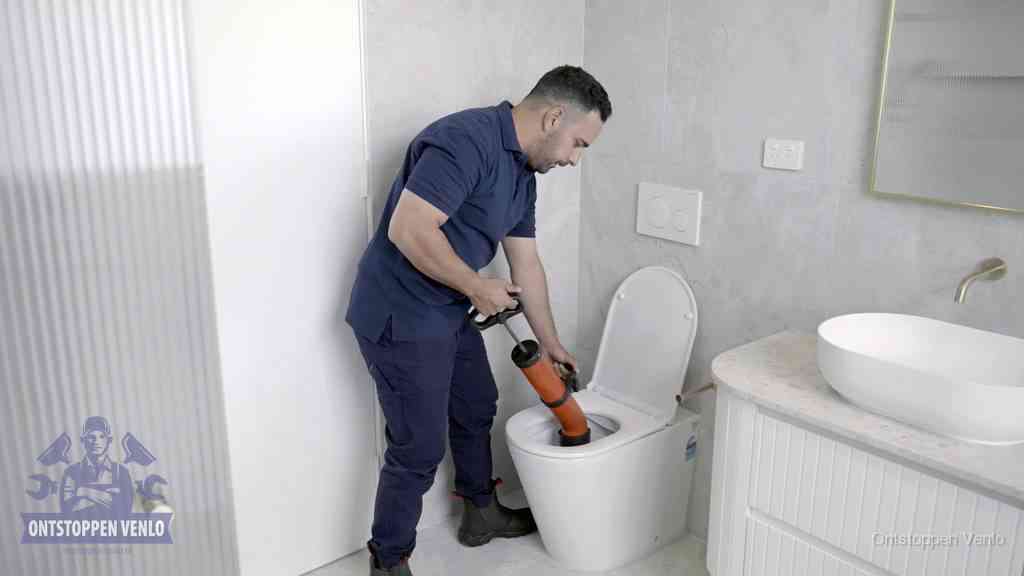 Een monteur buigt over een wandcloset en duwt met de hand een persluchtontstopper in de toiletpot om de verstopping handmatig los te maken in Venlo