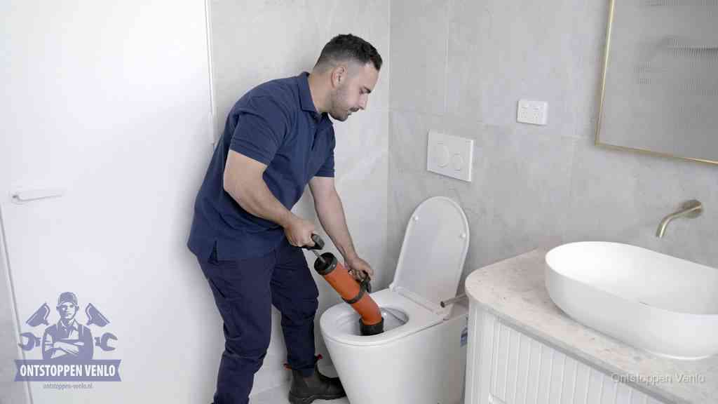 Een monteur gebruikt een handmatige perspomp (toiletontstopper) op een wandcloset tijdens het professioneel wc ontstoppen in Venlo