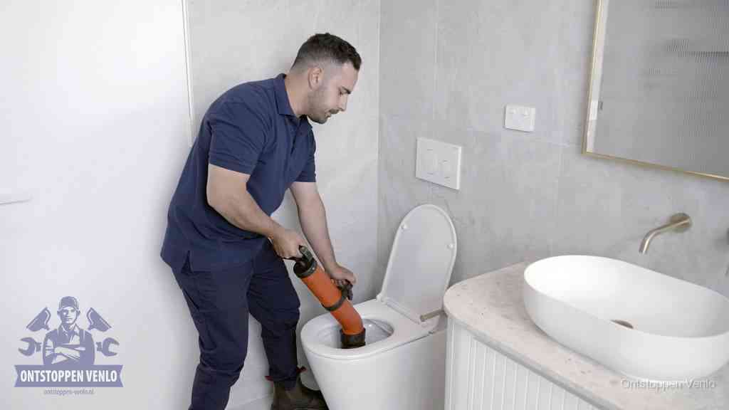 Een man gebruikt een handmatige luchtdruk-ontstopper in een modern betegeld toilet om zelf de wc te ontstoppen in Venlo